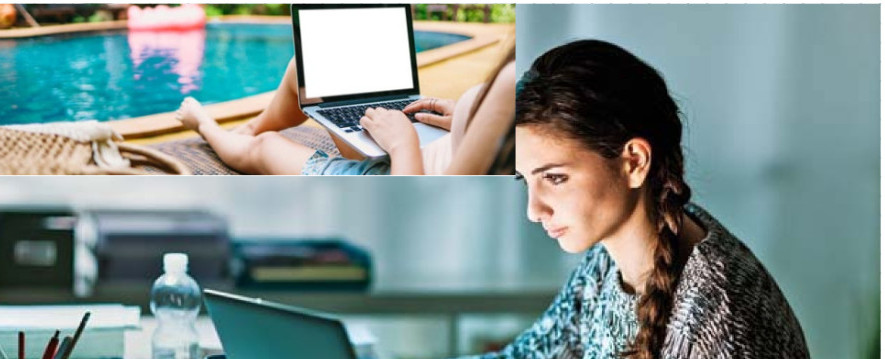 Woman on computer in office and at the pool